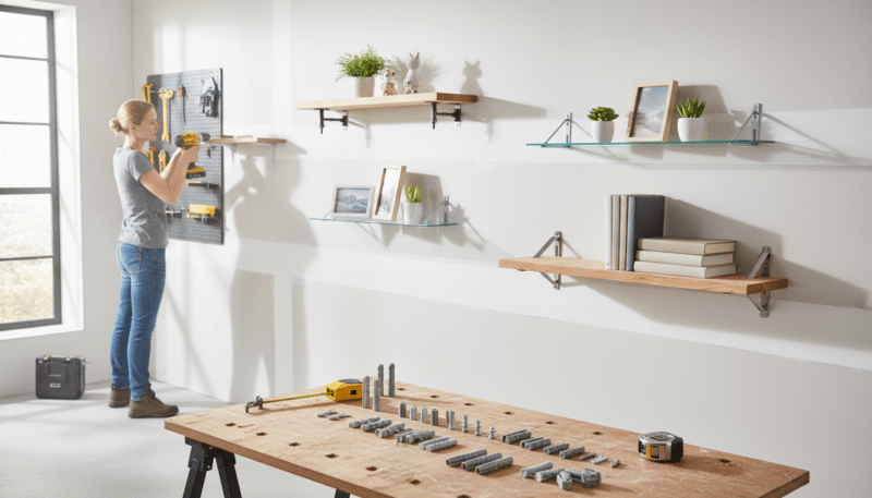 A well-lit interior scene showcasing practical examples of mounting shelves on gypsum board walls. In the foreground, a close-up of different types of wall anchors and brackets laid out neatly on a workbench, accompanied by a screwdriver and a measuring tape. The middle ground features a well-finished gypsum wall with various mounted shelves displaying decorative items, highlighting safe installation practices. In the background, a professional installer in modest casual clothing is using a power drill to secure a shelf, showcasing expertise and focus. The atmosphere is bright and informative, with natural daylight streaming in through a window, enhancing the professionalism of the workspace. The angle is slightly elevated, providing a comprehensive view of the mounting process. A well-lit interior scene showcasing practical examples of mounting shelves on gypsum board walls. In the foreground, a close-up of different types of wall anchors and brackets laid out neatly on a workbench, accompanied by a screwdriver and a measuring tape. The middle ground features a well-finished gypsum wall with various mounted shelves displaying decorative items, highlighting safe installation practices. In the background, a professional installer in modest casual clothing is using a power drill to secure a shelf, showcasing expertise and focus. The atmosphere is bright and informative, with natural daylight streaming in through a window, enhancing the professionalism of the workspace. The angle is slightly elevated, providing a comprehensive view of the mounting process.
