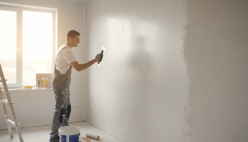 A well-lit interior space showcasing a freshly gletovan wall, with a smooth, even texture reflecting soft light. In the foreground, a professional tradesperson, dressed in neat work attire, is expertly applying the finishing touches of the gletovanje process with a trowel, demonstrating precision and skill. The middle ground features a large, partially gletovan wall that showcases both the smooth surface and a glimpse of a rough preparatory section nearby, emphasizing the contrast between the two stages. The background reveals basic painting tools like a paint roller and sandpaper, neatly arranged, with warm, natural light streaming through a window, creating an inviting and productive atmosphere for wall preparation. The overall mood is focused and professional, highlighting craftsmanship and attention to detail. A well-lit interior space showcasing a freshly gletovan wall, with a smooth, even texture reflecting soft light. In the foreground, a professional tradesperson, dressed in neat work attire, is expertly applying the finishing touches of the gletovanje process with a trowel, demonstrating precision and skill. The middle ground features a large, partially gletovan wall that showcases both the smooth surface and a glimpse of a rough preparatory section nearby, emphasizing the contrast between the two stages. The background reveals basic painting tools like a paint roller and sandpaper, neatly arranged, with warm, natural light streaming through a window, creating an inviting and productive atmosphere for wall preparation. The overall mood is focused and professional, highlighting craftsmanship and attention to detail.