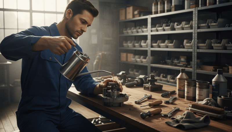 A well-lit workshop scene showcasing the process of lubricating tools. In the foreground, a focused technician in a blue work uniform is applying oil to a metallic machine part using a precision oil can, revealing shiny, well-maintained components. In the middle ground, various hand tools like wrenches and screwdrivers are neatly arranged on a wooden workbench, some partially covered in oil, hinting at recent maintenance. The background features shelves stocked with spare parts and containers of lubricants, creating an industrious atmosphere. Natural light floods the space through a large window, casting soft shadows and highlighting the metallic textures, while warm tones evoke a sense of diligence and care in tool maintenance. A well-lit workshop scene showcasing the process of lubricating tools. In the foreground, a focused technician in a blue work uniform is applying oil to a metallic machine part using a precision oil can, revealing shiny, well-maintained components. In the middle ground, various hand tools like wrenches and screwdrivers are neatly arranged on a wooden workbench, some partially covered in oil, hinting at recent maintenance. The background features shelves stocked with spare parts and containers of lubricants, creating an industrious atmosphere. Natural light floods the space through a large window, casting soft shadows and highlighting the metallic textures, while warm tones evoke a sense of diligence and care in tool maintenance.