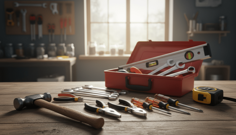 A well-organized selection of essential hand tools for home improvement, prominently displayed on a wooden workbench. In the foreground, a sturdy hammer, a set of screwdrivers, pliers, and a tape measure are arranged neatly, showcasing their sturdy handles and metallic finishes. The middle ground reveals a toolbox partially open, exposing more tools like wrenches and a level. The background features a soft-focus view of a cozy workshop with warm, natural lighting filtering in from a window, casting gentle shadows. The mood is inviting and practical, emphasizing readiness and craftsmanship, perfect for a home improvement setting. No text or distractions; focus solely on the tools and workspace ambiance. A well-organized selection of essential hand tools for home improvement, prominently displayed on a wooden workbench. In the foreground, a sturdy hammer, a set of screwdrivers, pliers, and a tape measure are arranged neatly, showcasing their sturdy handles and metallic finishes. The middle ground reveals a toolbox partially open, exposing more tools like wrenches and a level. The background features a soft-focus view of a cozy workshop with warm, natural lighting filtering in from a window, casting gentle shadows. The mood is inviting and practical, emphasizing readiness and craftsmanship, perfect for a home improvement setting. No text or distractions; focus solely on the tools and workspace ambiance.
