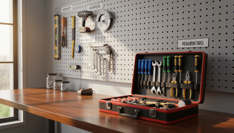 A well-organized tool storage area, featuring a neatly arranged toolbox with various hand tools such as hammers, screwdrivers, pliers, and wrenches all in their designated spots. The foreground showcases a close-up view of an open toolbox, displaying bright colored tools against a polished wood surface. The middle ground features a pegboard with additional tools hanging neatly, each labeled and accessible. In the background, there’s a clean, minimalist workbench illuminated by soft, natural light coming in from a nearby window, casting gentle shadows across the scene. The atmosphere is professional and tidy, conveying efficiency and order, perfect for a home workshop setup. A well-organized tool storage area, featuring a neatly arranged toolbox with various hand tools such as hammers, screwdrivers, pliers, and wrenches all in their designated spots. The foreground showcases a close-up view of an open toolbox, displaying bright colored tools against a polished wood surface. The middle ground features a pegboard with additional tools hanging neatly, each labeled and accessible. In the background, there’s a clean, minimalist workbench illuminated by soft, natural light coming in from a nearby window, casting gentle shadows across the scene. The atmosphere is professional and tidy, conveying efficiency and order, perfect for a home workshop setup.