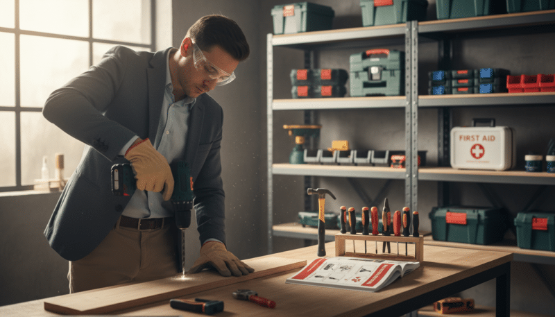 A well-organized workshop scene illustrating the importance of safety when using tools. In the foreground, a person wearing professional business attire is carefully using a power drill, demonstrating proper technique and concentration. They are using safety goggles and gloves, emphasizing protective equipment. In the middle, various hand tools like a hammer, pliers, and screwdrivers are neatly arranged on a workbench, alongside a user manual highlighting safety guidelines. In the background, shelves filled with tools and a wall-mounted first aid kit suggest a responsible workspace. Soft, natural lighting creates a warm but focused atmosphere, capturing the essence of safety in home improvement activities. A well-organized workshop scene illustrating the importance of safety when using tools. In the foreground, a person wearing professional business attire is carefully using a power drill, demonstrating proper technique and concentration. They are using safety goggles and gloves, emphasizing protective equipment. In the middle, various hand tools like a hammer, pliers, and screwdrivers are neatly arranged on a workbench, alongside a user manual highlighting safety guidelines. In the background, shelves filled with tools and a wall-mounted first aid kit suggest a responsible workspace. Soft, natural lighting creates a warm but focused atmosphere, capturing the essence of safety in home improvement activities.