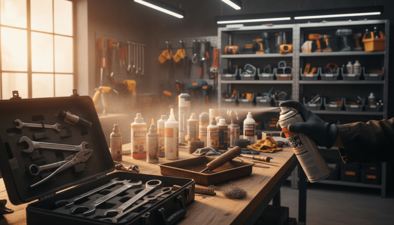 A well-organized workshop with various tools undergoing rust prevention treatment. In the foreground, a metal toolbox with a few essential hand tools, such as wrenches and pliers, being coated with a rust-proof spray. The middle ground features a workbench cluttered with protective oils and maintenance products, alongside a rusted tool being restored. The background includes shelves filled with neatly arranged tools and equipment, illuminated by warm, diffuse lighting, emphasizing a clean and safe working environment. The atmosphere is one of diligence and care, reflecting a commitment to maintaining tools in optimal condition, preventing rust and moisture damage. The composition is shot at eye-level from a slightly angled perspective to highlight the tools and the preventative measures being taken. A well-organized workshop with various tools undergoing rust prevention treatment. In the foreground, a metal toolbox with a few essential hand tools, such as wrenches and pliers, being coated with a rust-proof spray. The middle ground features a workbench cluttered with protective oils and maintenance products, alongside a rusted tool being restored. The background includes shelves filled with neatly arranged tools and equipment, illuminated by warm, diffuse lighting, emphasizing a clean and safe working environment. The atmosphere is one of diligence and care, reflecting a commitment to maintaining tools in optimal condition, preventing rust and moisture damage. The composition is shot at eye-level from a slightly angled perspective to highlight the tools and the preventative measures being taken.