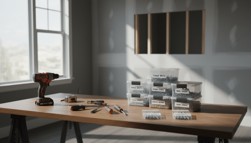 A well-organized workspace for tool preparation in a home renovation setting. In the foreground, a wooden workbench displays essential tools like a drill, screwdrivers, a measuring tape, and wall anchors, neatly arranged. In the middle ground, various types of anchors and screws are placed in labeled containers, showcasing their variety and purpose. The background features partially installed drywall, with one section revealing studs for wall mounting. Soft, natural lighting filters through a window, casting gentle shadows that enhance the organized atmosphere. The overall mood conveys focus and readiness, emphasizing the importance of proper tool preparation before installation. The scene avoids clutter, ensuring a clear view of all tools and materials without any human presence or distracting elements. A well-organized workspace for tool preparation in a home renovation setting. In the foreground, a wooden workbench displays essential tools like a drill, screwdrivers, a measuring tape, and wall anchors, neatly arranged. In the middle ground, various types of anchors and screws are placed in labeled containers, showcasing their variety and purpose. The background features partially installed drywall, with one section revealing studs for wall mounting. Soft, natural lighting filters through a window, casting gentle shadows that enhance the organized atmosphere. The overall mood conveys focus and readiness, emphasizing the importance of proper tool preparation before installation. The scene avoids clutter, ensuring a clear view of all tools and materials without any human presence or distracting elements.