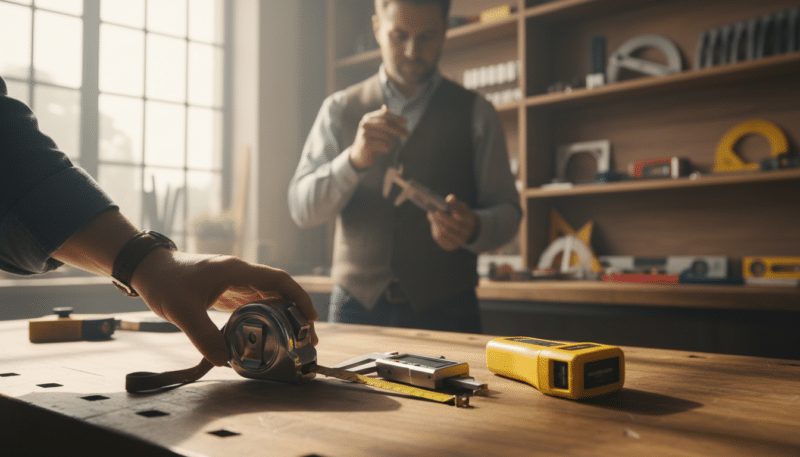 A well-organized workspace showcases a selection of high-quality measuring tools: a classic metal tape measure, a digital caliper, and a laser distance meter, arranged on a wooden workbench. In the foreground, a hand reaches towards the tape measure, emphasizing the importance of tactile experience in tool selection. The middle ground features a soft-focus image of a person, dressed in a smart casual outfit, inspecting the digital caliper, highlighting the human aspect of the buying process. In the background, shelves lined with various measuring tools and equipment create an inviting atmosphere. Soft, natural light filters in through a window, casting gentle shadows that enhance textures and details, evoking a sense of professionalism and reliability in tool selection and quality awareness. A well-organized workspace showcases a selection of high-quality measuring tools: a classic metal tape measure, a digital caliper, and a laser distance meter, arranged on a wooden workbench. In the foreground, a hand reaches towards the tape measure, emphasizing the importance of tactile experience in tool selection. The middle ground features a soft-focus image of a person, dressed in a smart casual outfit, inspecting the digital caliper, highlighting the human aspect of the buying process. In the background, shelves lined with various measuring tools and equipment create an inviting atmosphere. Soft, natural light filters in through a window, casting gentle shadows that enhance textures and details, evoking a sense of professionalism and reliability in tool selection and quality awareness.