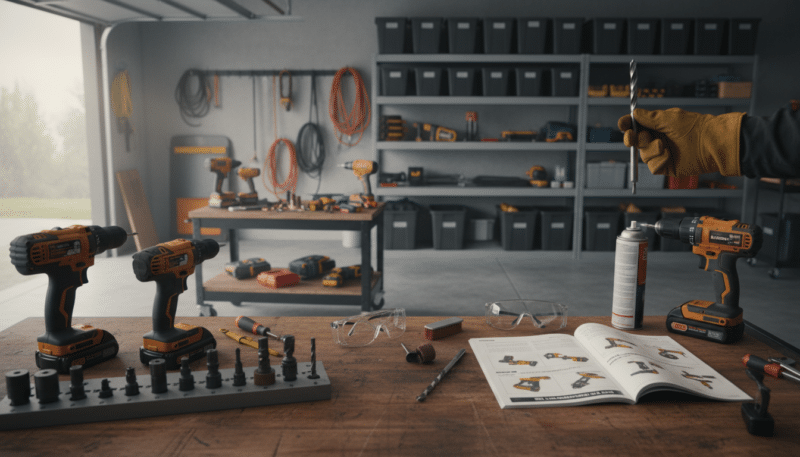 An organized workshop setting showcasing practical tips for drilling and tool maintenance. In the foreground, a wooden workbench with a variety of drills and attachments, neatly arranged. A close-up view of a hand holding a drill bit, highlighting its intricate design. In the middle ground, various tools and materials scattered around, including safety glasses and lubricant for maintenance, along with an open manual displaying guidance on care. The background features a well-lit garage space with shelving units filled with storage boxes and more tools, suggesting a productive atmosphere. Soft, diffused natural lighting filters through a window, creating a warm and inviting feel, while the angle captures the essence of a hands-on project environment. An organized workshop setting showcasing practical tips for drilling and tool maintenance. In the foreground, a wooden workbench with a variety of drills and attachments, neatly arranged. A close-up view of a hand holding a drill bit, highlighting its intricate design. In the middle ground, various tools and materials scattered around, including safety glasses and lubricant for maintenance, along with an open manual displaying guidance on care. The background features a well-lit garage space with shelving units filled with storage boxes and more tools, suggesting a productive atmosphere. Soft, diffused natural lighting filters through a window, creating a warm and inviting feel, while the angle captures the essence of a hands-on project environment.