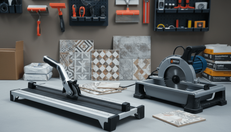 An organized workspace showcasing various tile cutting tools, including a manual tile cutter and a diamond blade saw. In the foreground, display the manual tile cutter with a sleek, modern design, its cutting wheel glinting under bright workshop lighting. Nearby, place a diamond blade saw, highlighting its sharp blade and sturdy base. In the middle ground, include scattered ceramic tiles, exhibiting intricate patterns and textures, ready for cutting. The background features a neutral-colored wall cluttered with tool storage, creating a professional atmosphere that suggests a busy workshop. The overall mood is focused and industrious, emphasizing the importance of choosing the right tile cutting tool. Use a well-lit, close-up angle to capture details and depth, enhancing the visual appeal of the tools. An organized workspace showcasing various tile cutting tools, including a manual tile cutter and a diamond blade saw. In the foreground, display the manual tile cutter with a sleek, modern design, its cutting wheel glinting under bright workshop lighting. Nearby, place a diamond blade saw, highlighting its sharp blade and sturdy base. In the middle ground, include scattered ceramic tiles, exhibiting intricate patterns and textures, ready for cutting. The background features a neutral-colored wall cluttered with tool storage, creating a professional atmosphere that suggests a busy workshop. The overall mood is focused and industrious, emphasizing the importance of choosing the right tile cutting tool. Use a well-lit, close-up angle to capture details and depth, enhancing the visual appeal of the tools.
