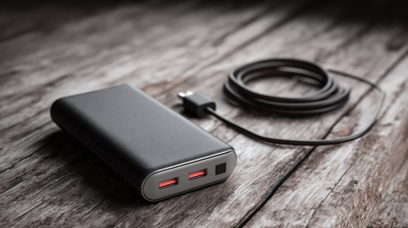 Power bank sa dva USB porta i kablom za punjenje na drvenoj površini