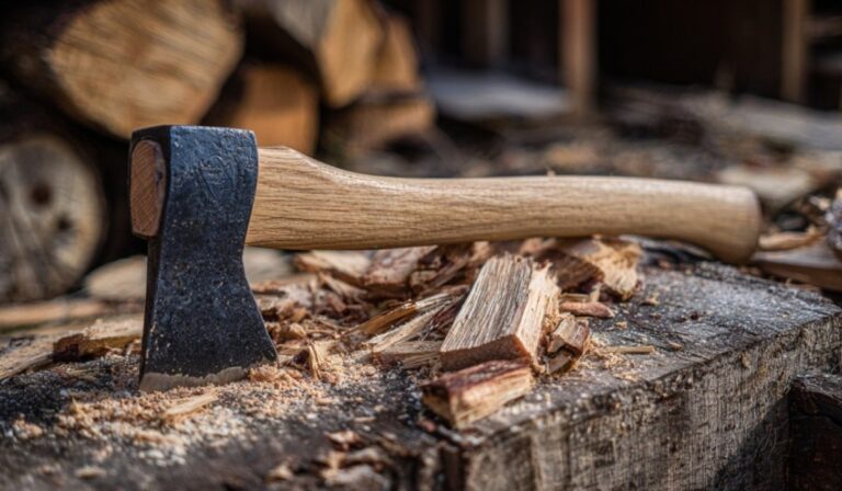 Sekira za cepanje drva položena na panju okružena iseckanim komadima drveta