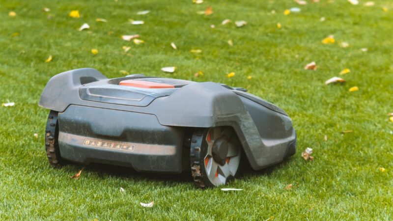 Robot kosilica kosi travu po dvorištu dok se vidi blagi trag pokošene površine