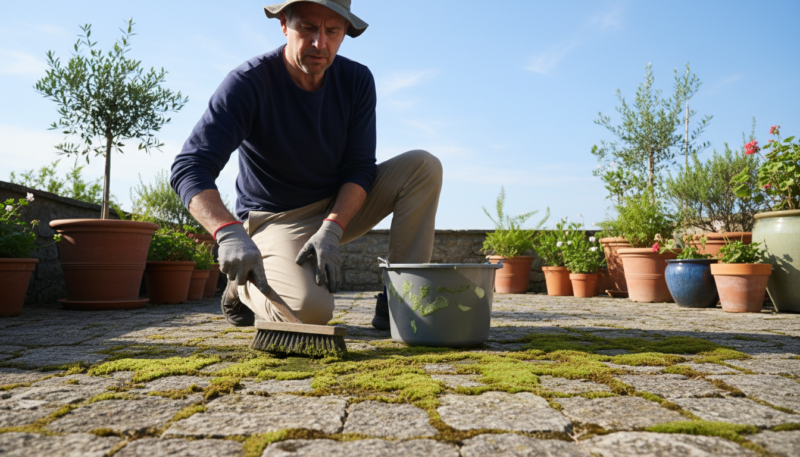 ručno čišćenje mahovine sa terase ručno čišćenje mahovine sa terase