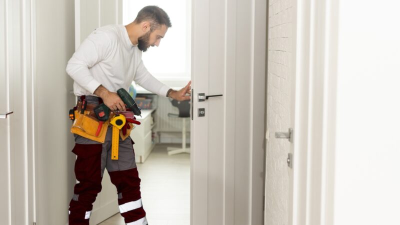 Majstor proverava unutrašnja vrata tokom zamene dovratnika i vrata